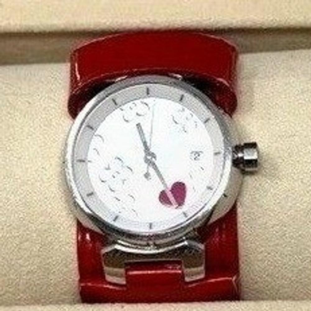 Louis Vuitton Tambour Pomme d Amour Watch Red Monogram Vernis Leather Q1216